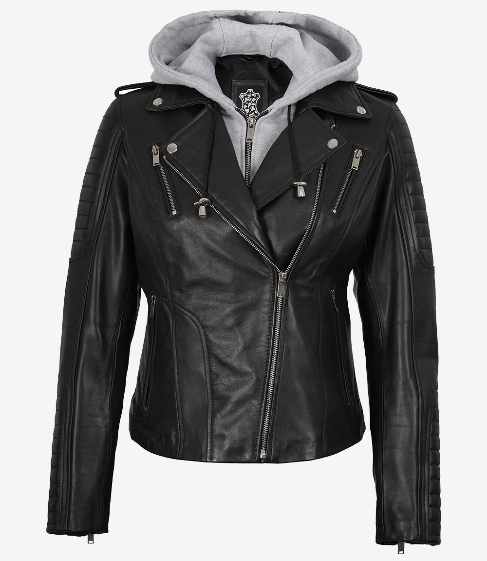 Women's Biker Style Black Leather Jacket with Hood