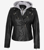 Women's Biker Style Black Leather Jacket with Hood