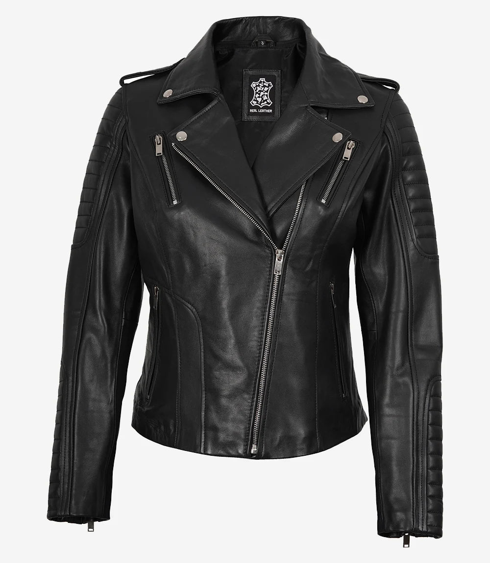 Women's Biker Style Black Leather Jacket with Hood