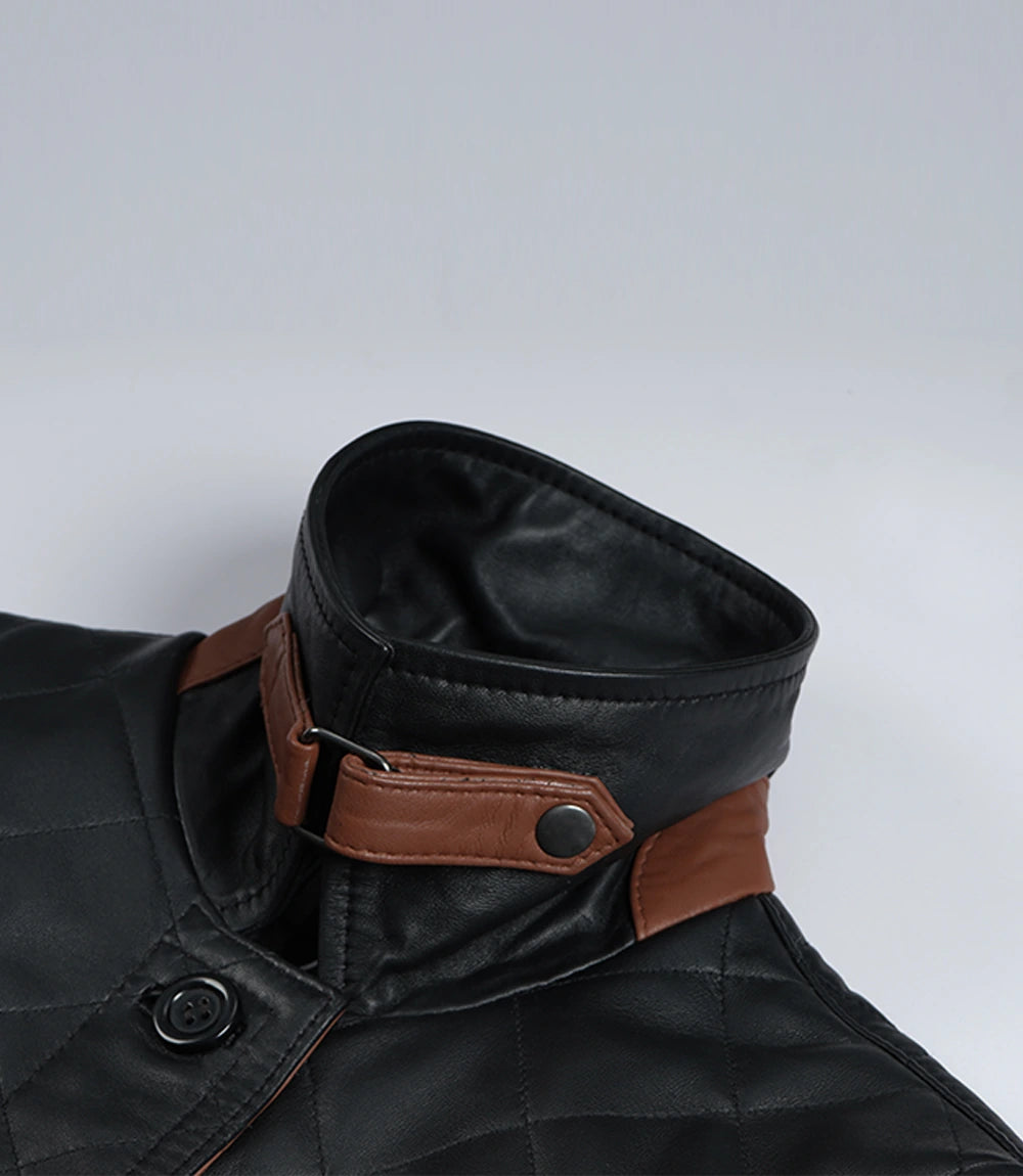 Glen Women's Black Diamond Quilted Leather Jacket with Brown Trim