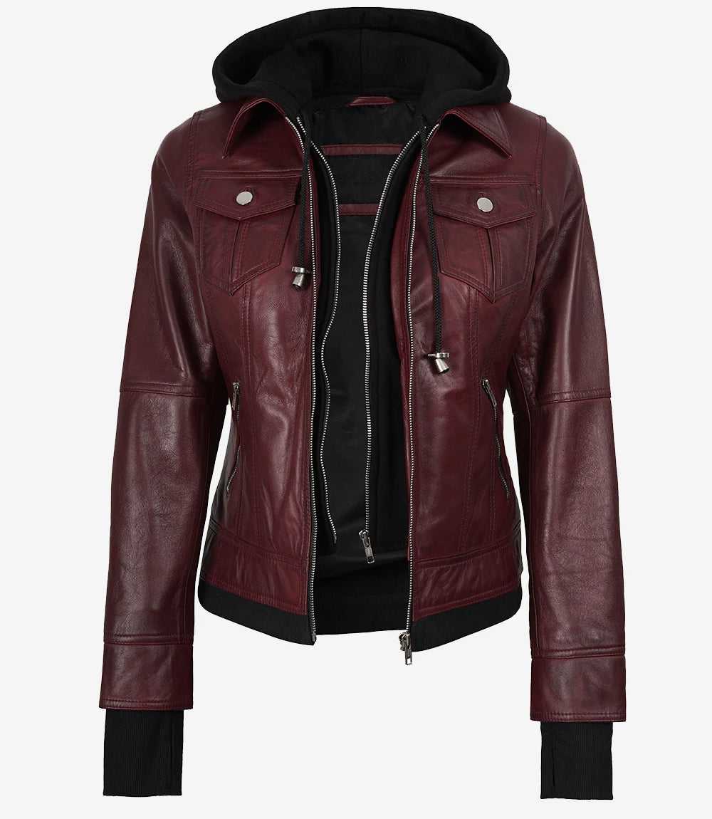 Blouson aviateur en cuir bordeaux pour femme avec capuche amovible