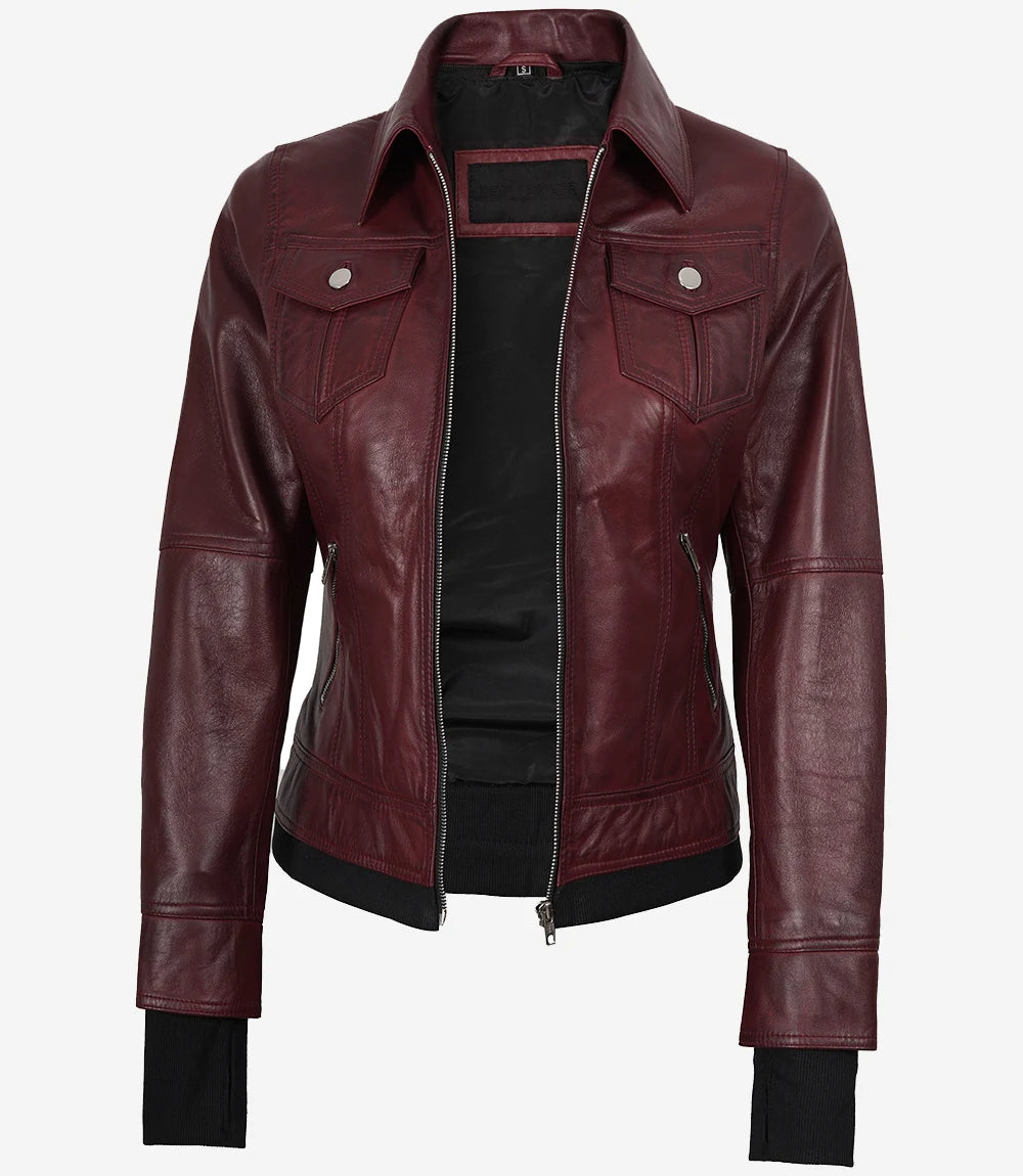 Blouson aviateur en cuir bordeaux pour femme avec capuche amovible