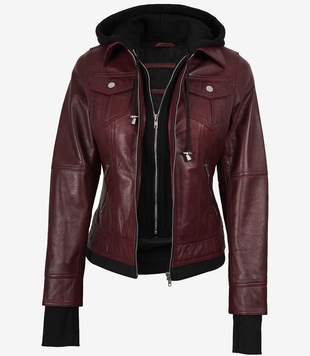 Blouson aviateur en cuir bordeaux pour femme avec capuche amovible