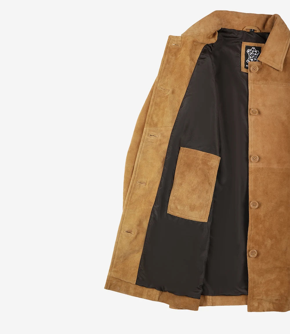 Manteau boutonné en daim marron pour femme, longueur 3/4