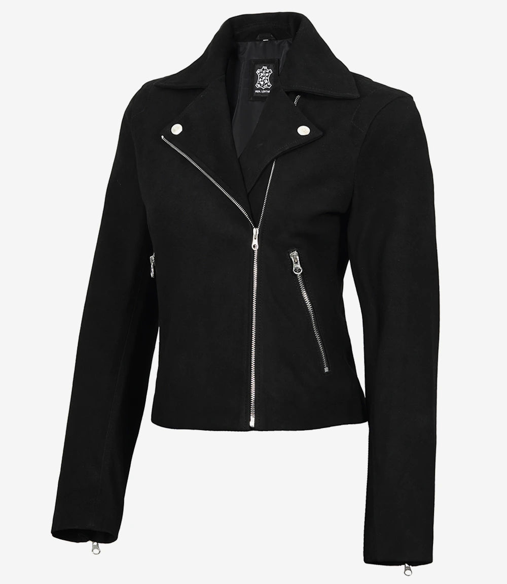 Womens Black Real Suede Biker Style Jacket