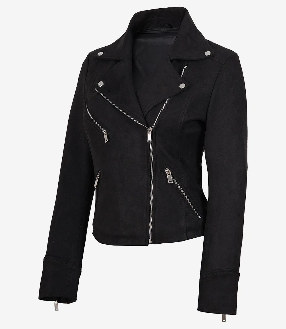 Women's Black Faux Suede Biker Jacket – Asymmetrical Zip