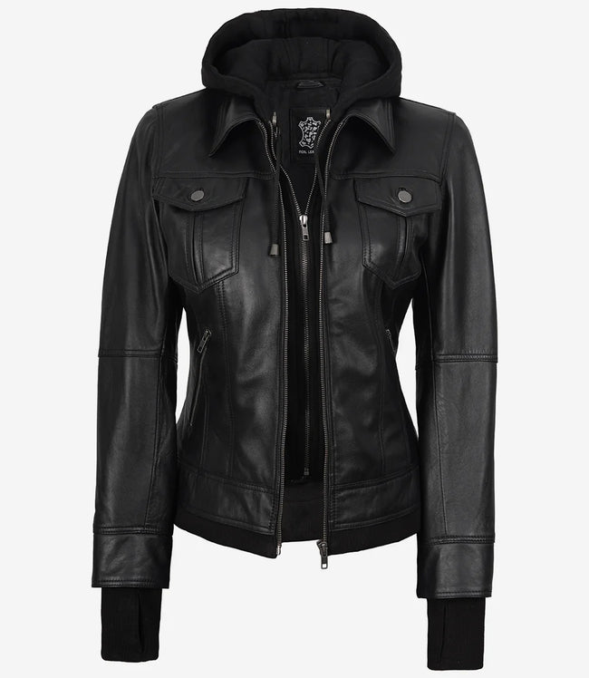 La Celeste : blouson aviateur en cuir noir pour femme avec capuche amovible