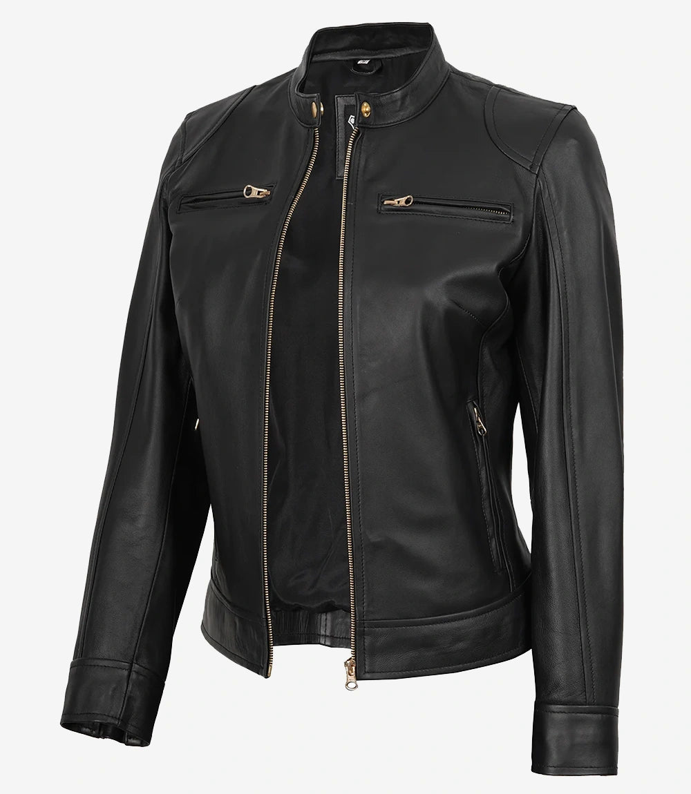Womens Black Real Leather Biker Style Jacket - Golden Details