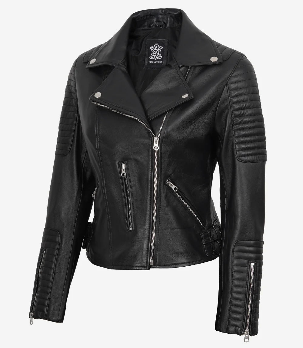 Veste en cuir noir de style motard pour femme
