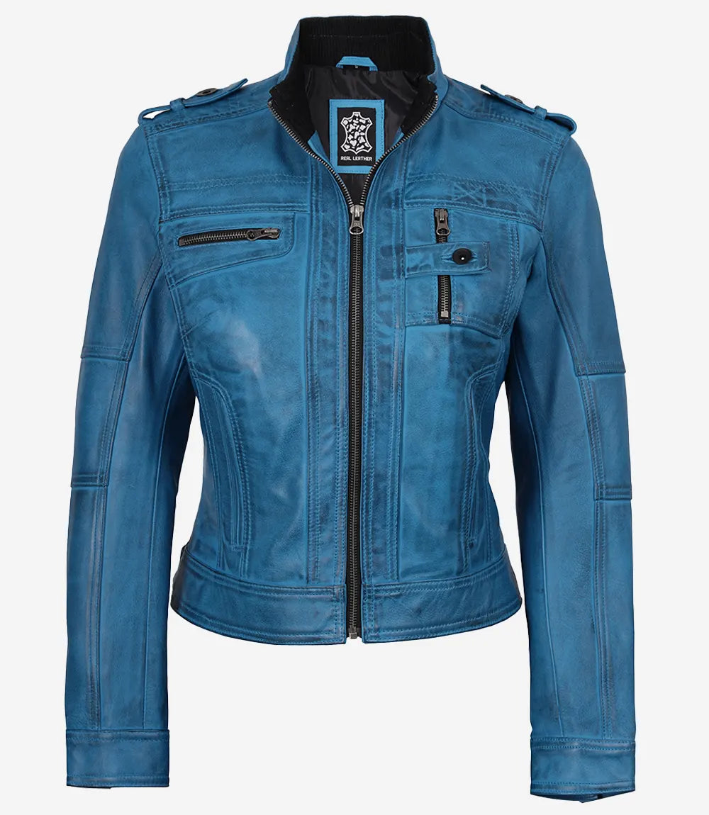 Veste style motard en cuir d'agneau ciré bleu pour femme