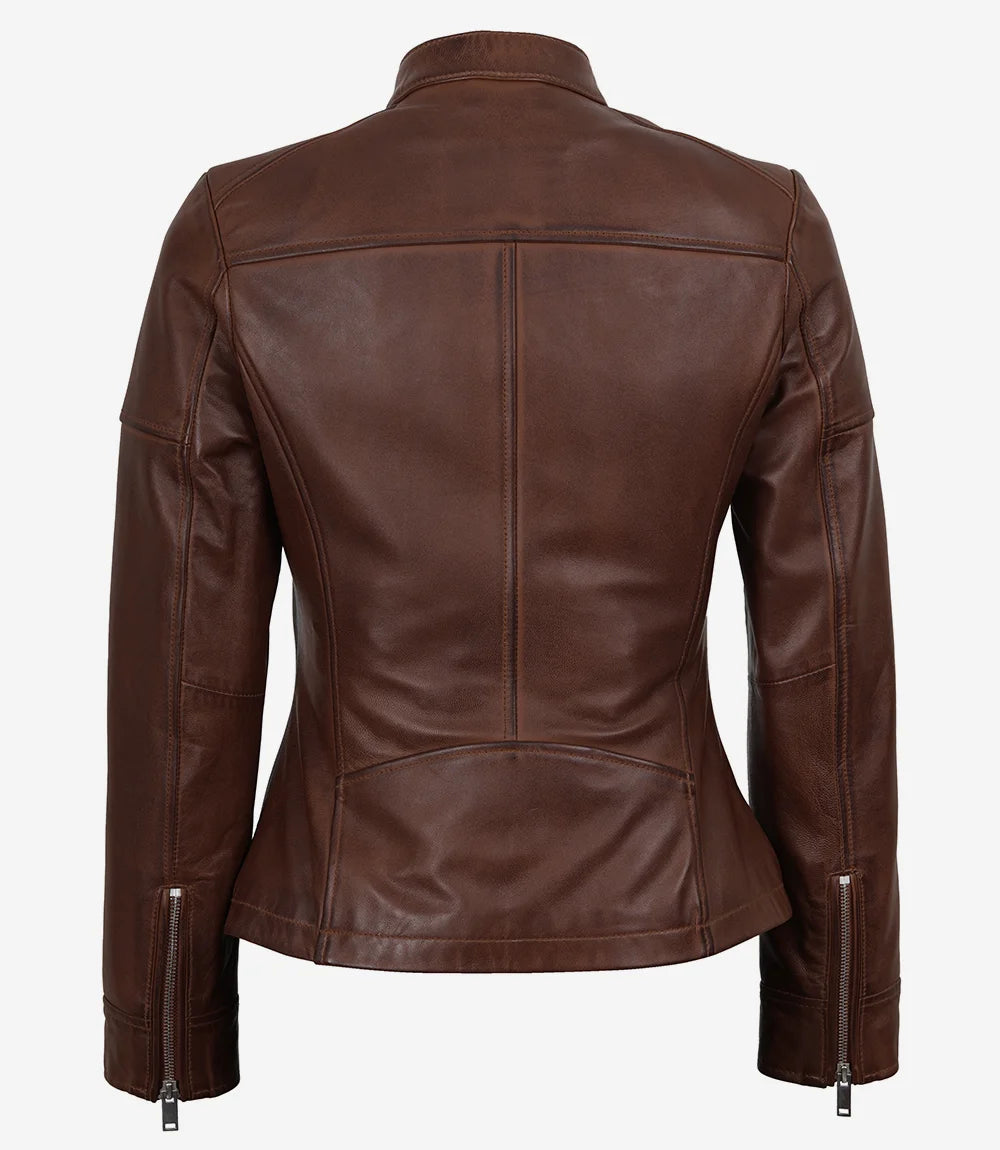 Veste style motard en cuir texturé marron pour femme