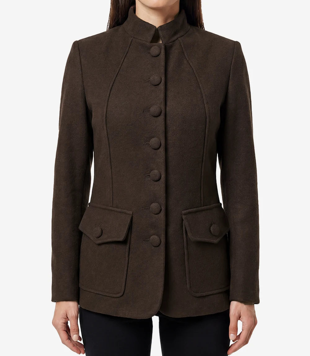 Women's Brown Wool Military Jacket – Mandarin Collar