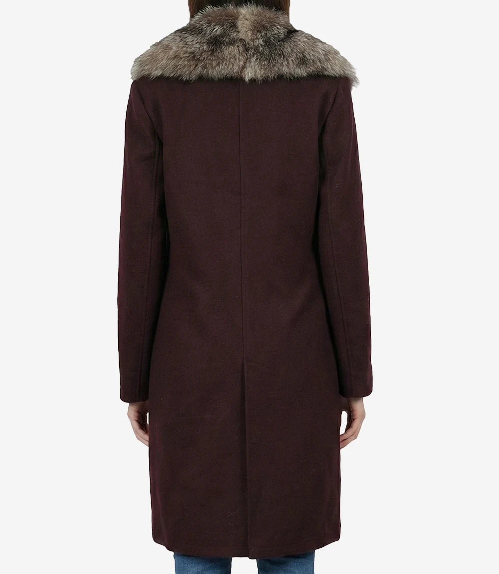 Women's Burgundy Wool Coat – Faux Fur Shawl Collar