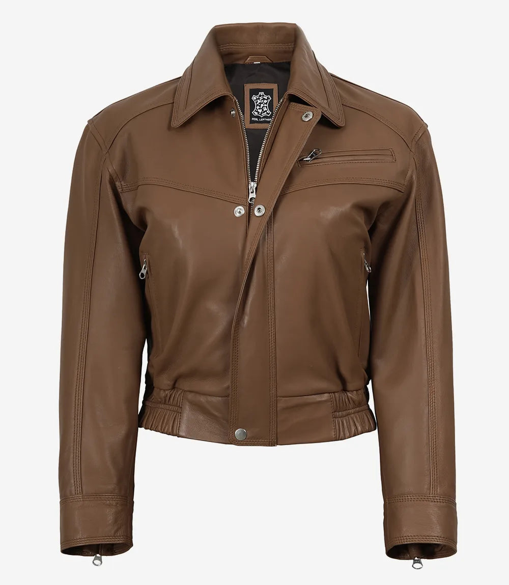Women's Premium Leather Light Brown Bomber Jacket