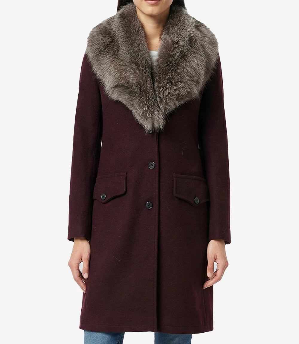 Women's Burgundy Wool Coat – Faux Fur Shawl Collar