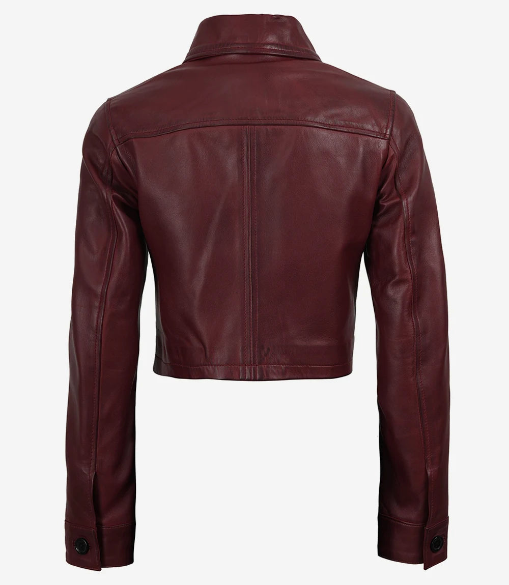Women's Burgundy Waxed Cropped Leather Jacket