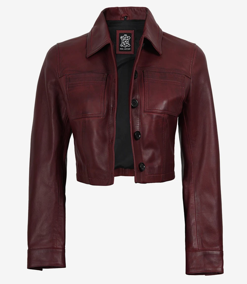Women's Burgundy Waxed Cropped Leather Jacket
