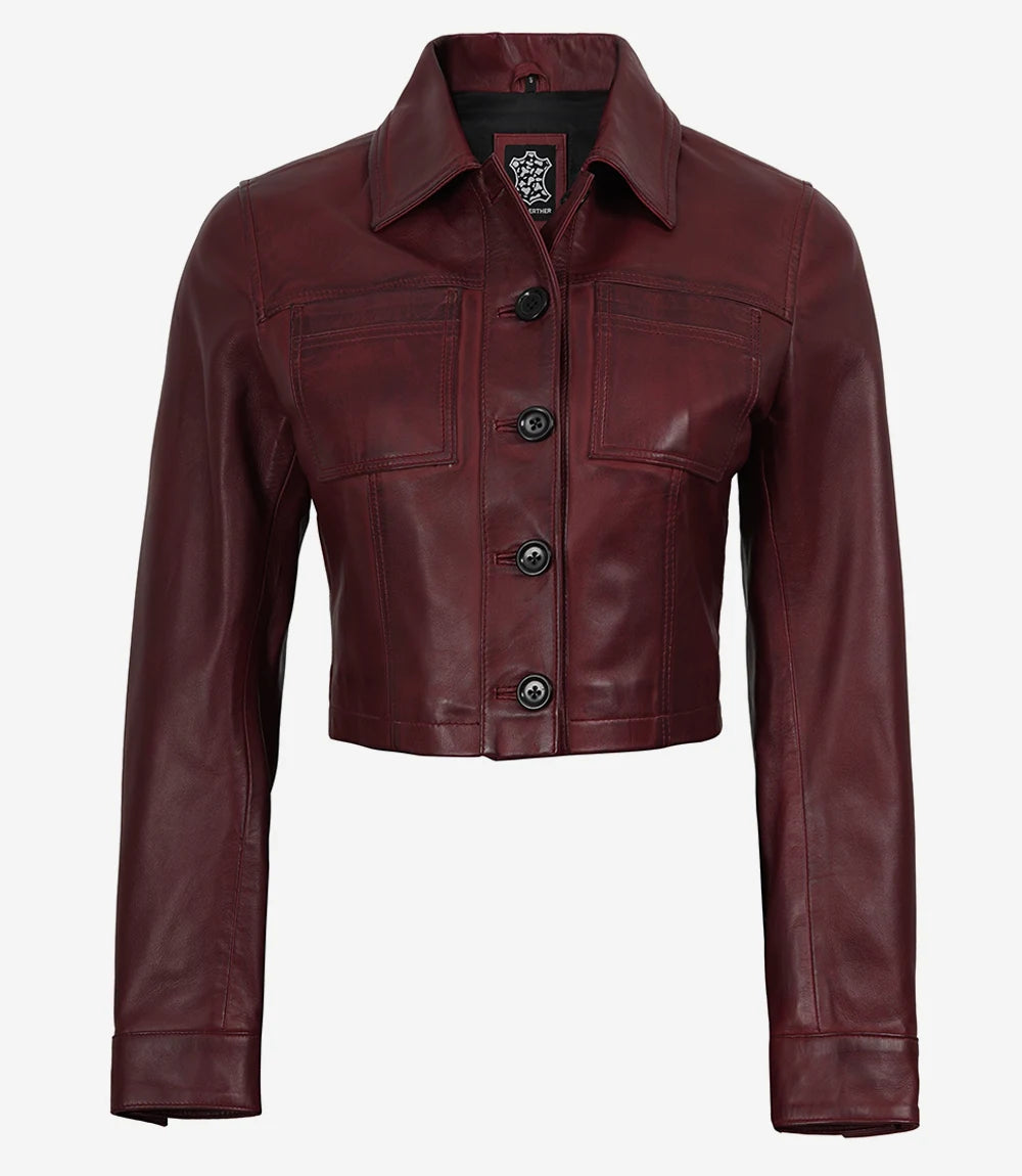 Women's Burgundy Waxed Cropped Leather Jacket