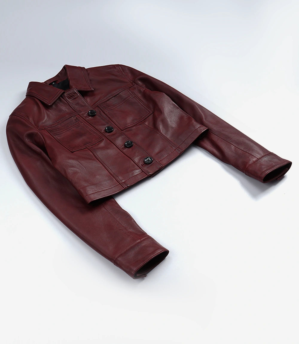 Women's Burgundy Waxed Cropped Leather Jacket