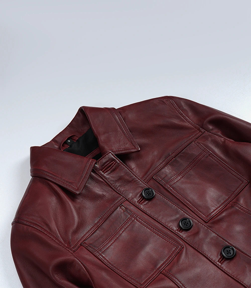 Women's Burgundy Waxed Cropped Leather Jacket