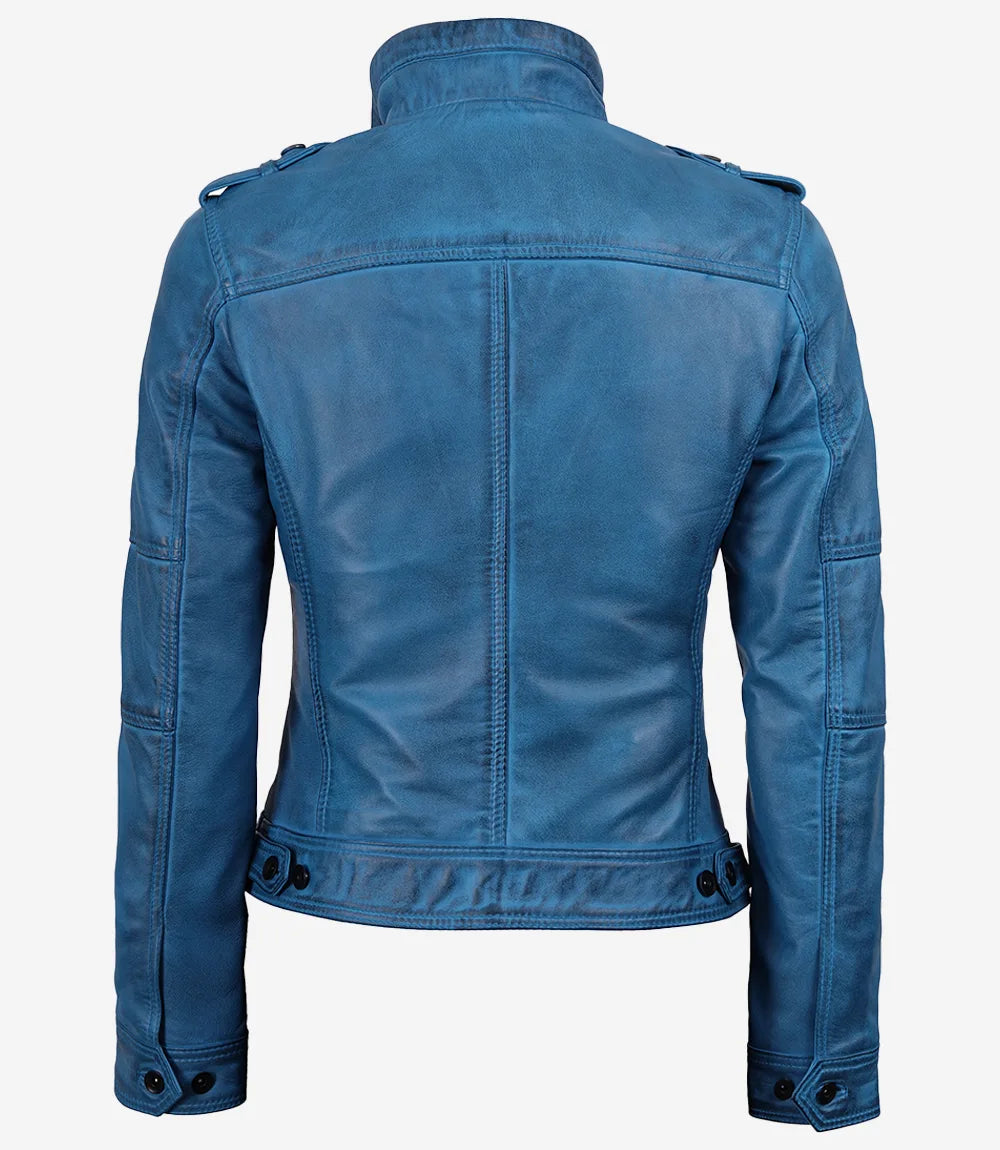 Veste style motard en cuir d'agneau ciré bleu pour femme