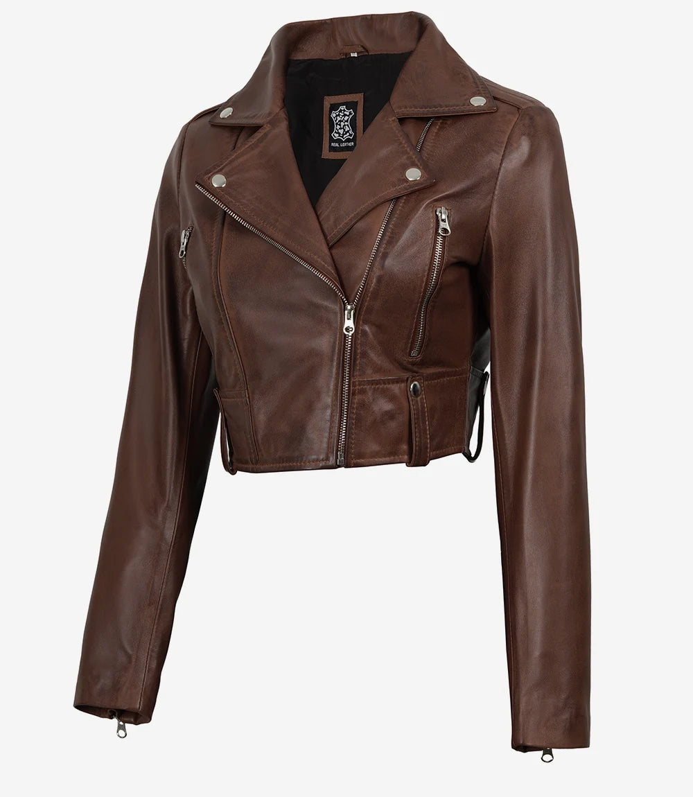 Women Biker Style Cognac Waxed Cropped Leather Jacket