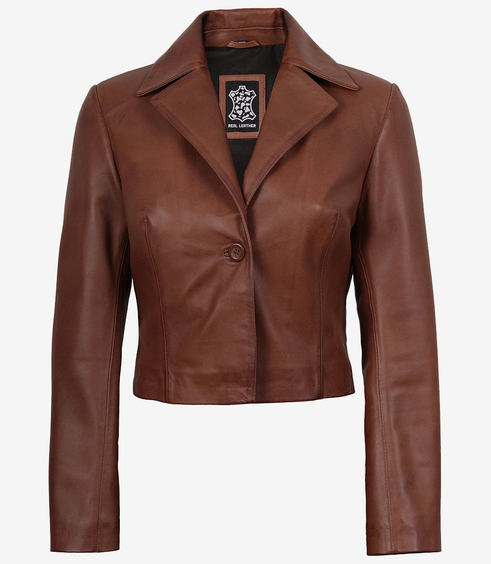Womens Single Button Cognac Cropped Leather Jacket