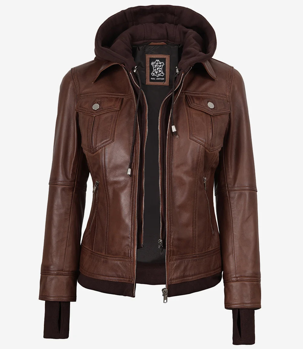 Blouson aviateur en cuir ciré cognac Tralee pour femme avec capuche amovible