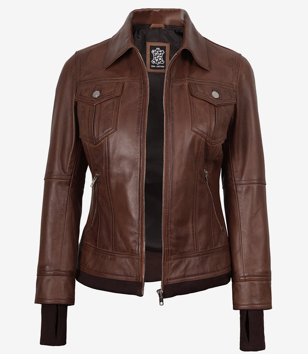 Blouson aviateur en cuir ciré cognac Tralee pour femme avec capuche amovible