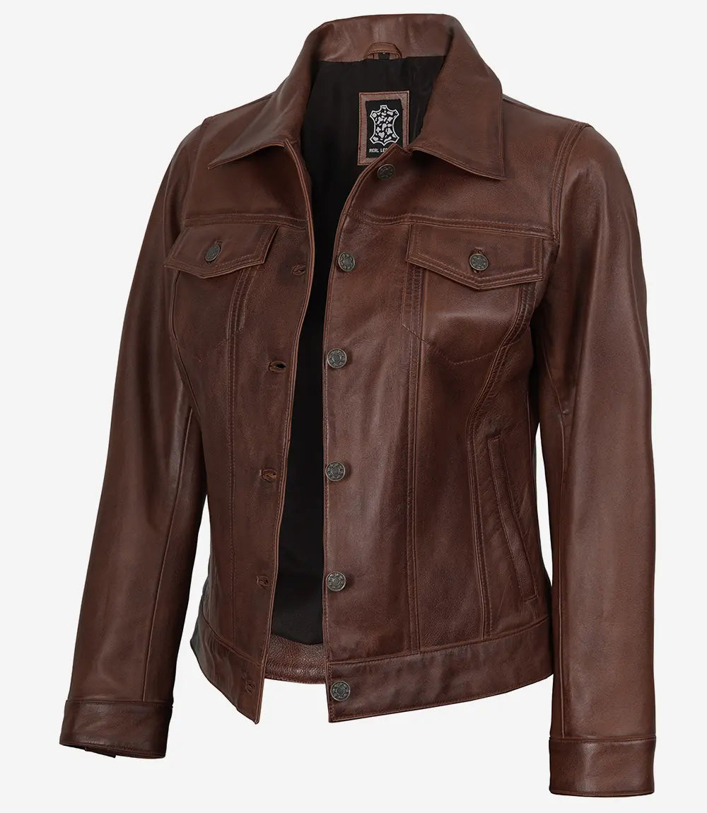 Veste camionneur en cuir marron cognac pour femme