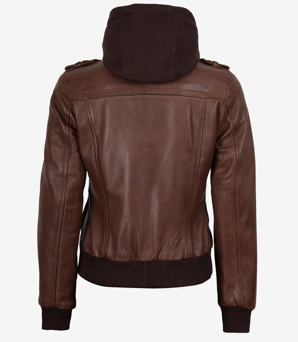 Blouson aviateur en cuir cognac pour femme avec capuche amovible