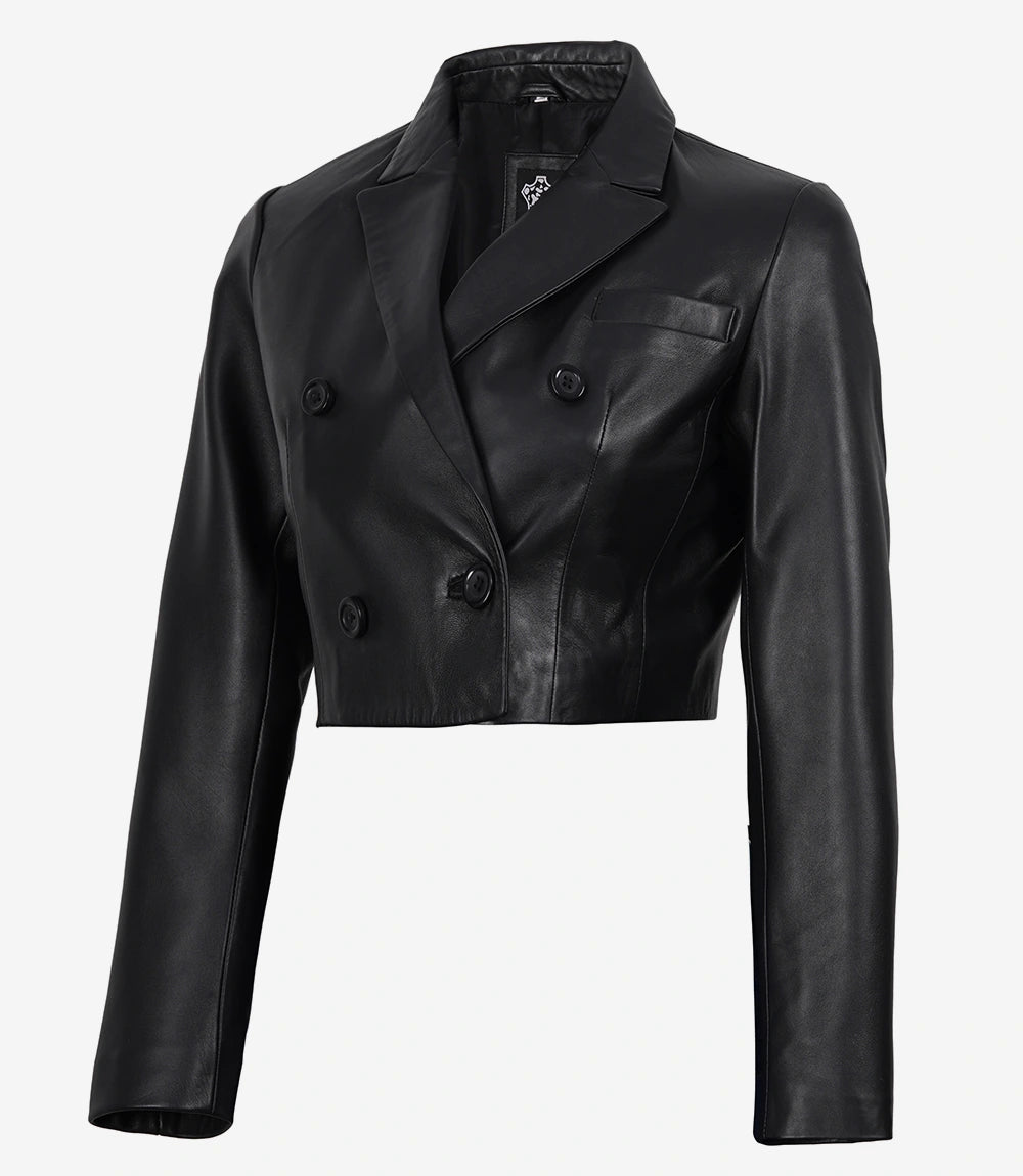 Women's Black Lambskin Double-Breasted Cropped Blazer