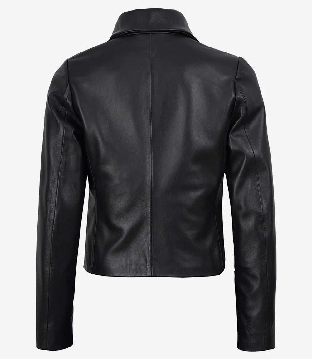 Women's Premium Black Leather 2-Button Cropped Blazer