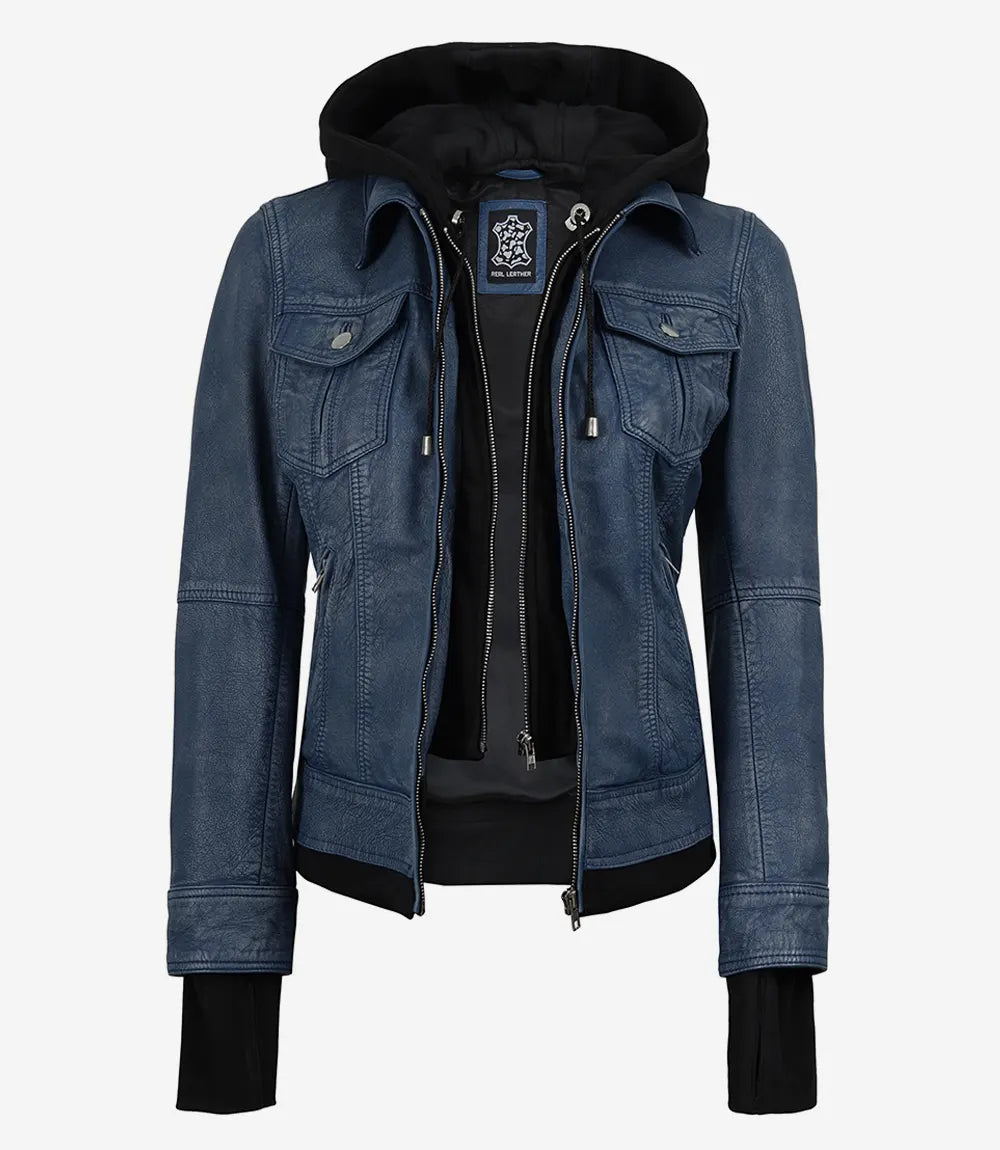 Blouson aviateur en cuir ciré cognac Tralee pour femme avec capuche amovible