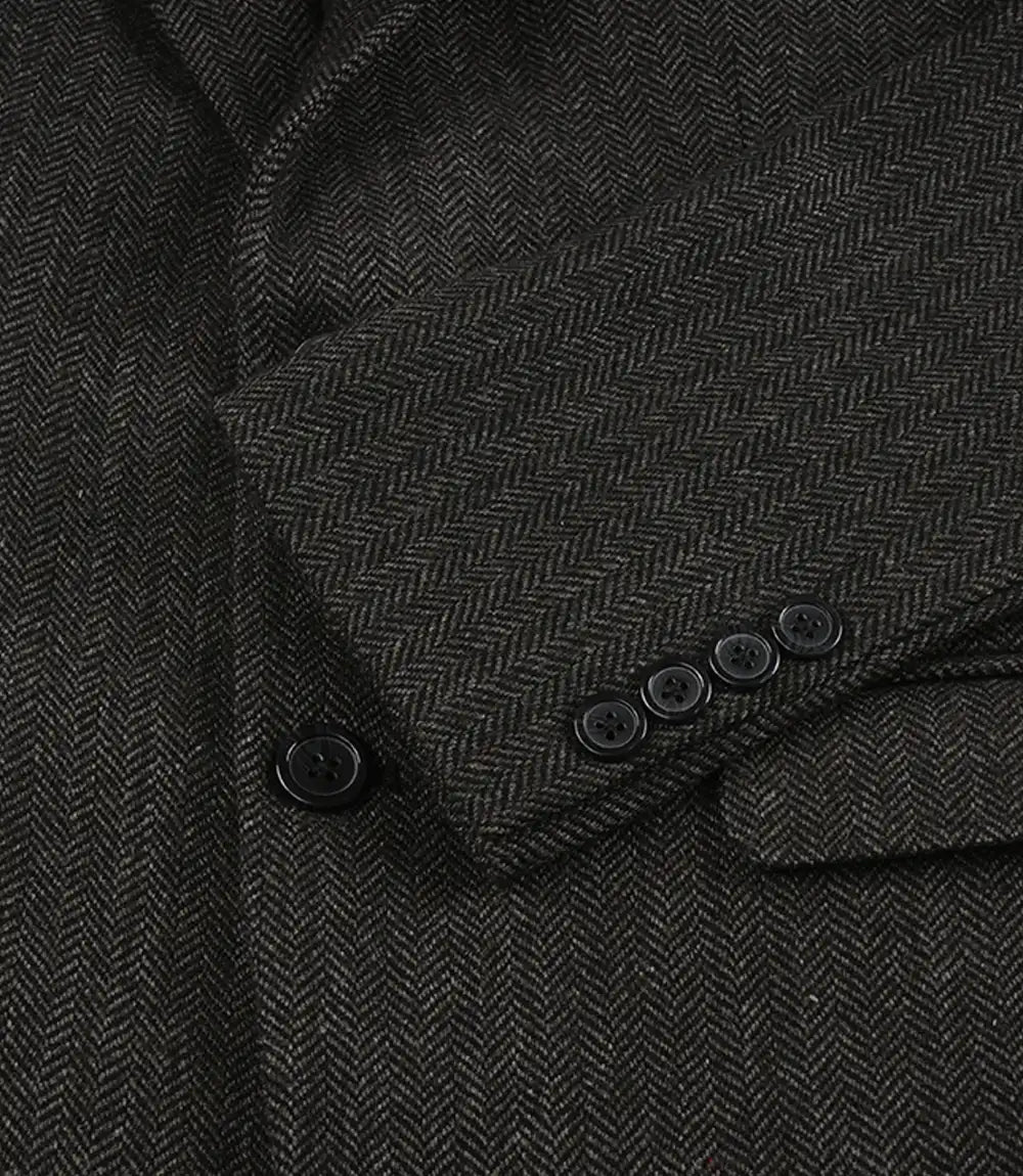 Womens Black Double Breasted Herringbone Wool Blend Blazer
