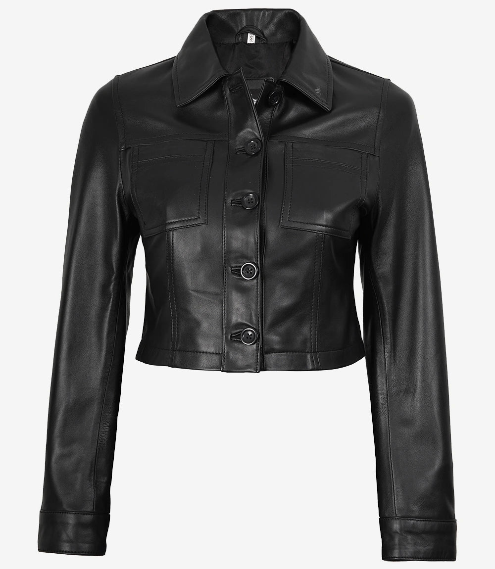 Veste courte en cuir noir pour femme