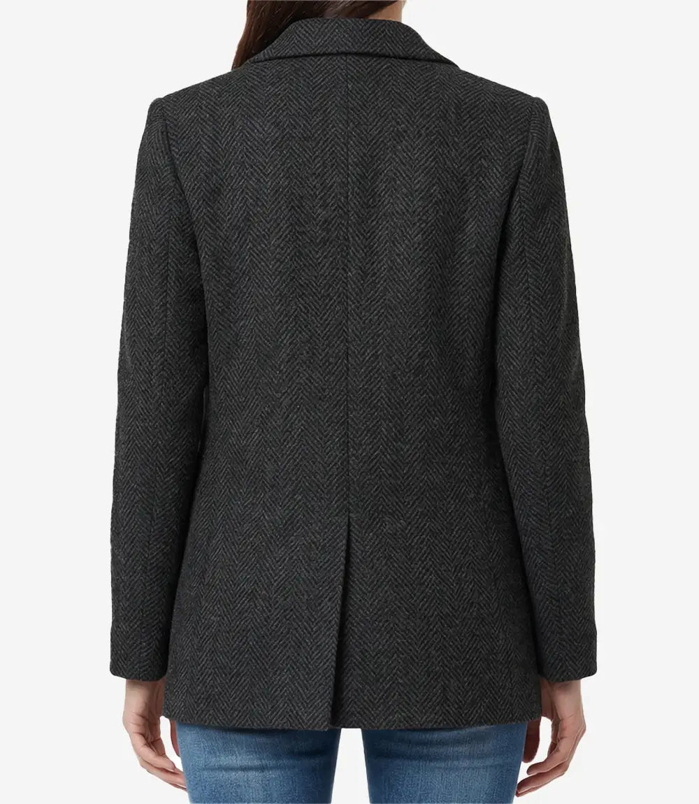 Womens Black Double Breasted Herringbone Wool Blend Blazer