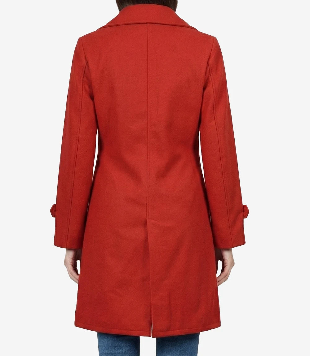 Womens Knee Length Red Wool Blend Coat
