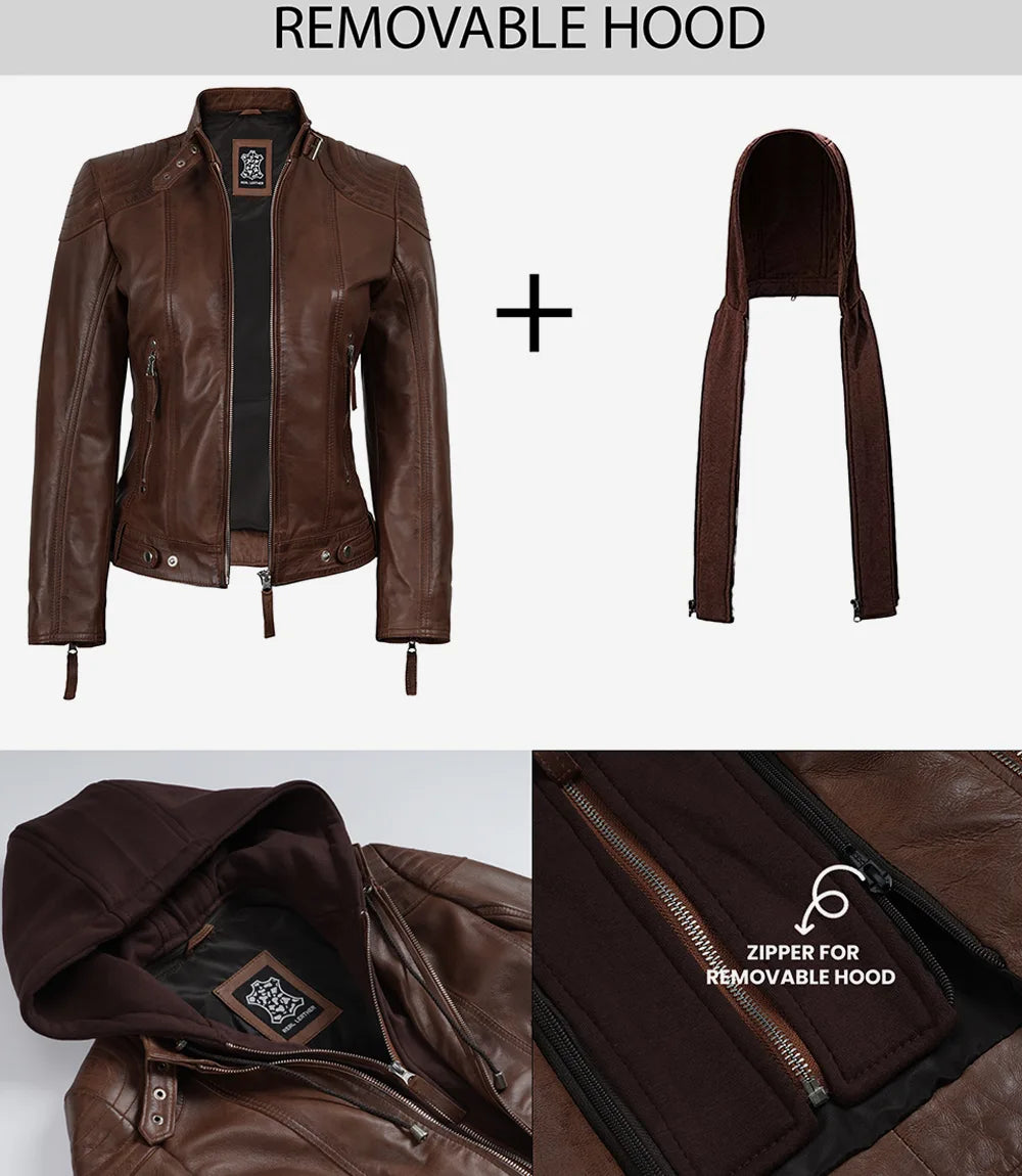 Women’s Cognac Brown Lambskin Hooded Leather Jacket (2-in-1 Style)