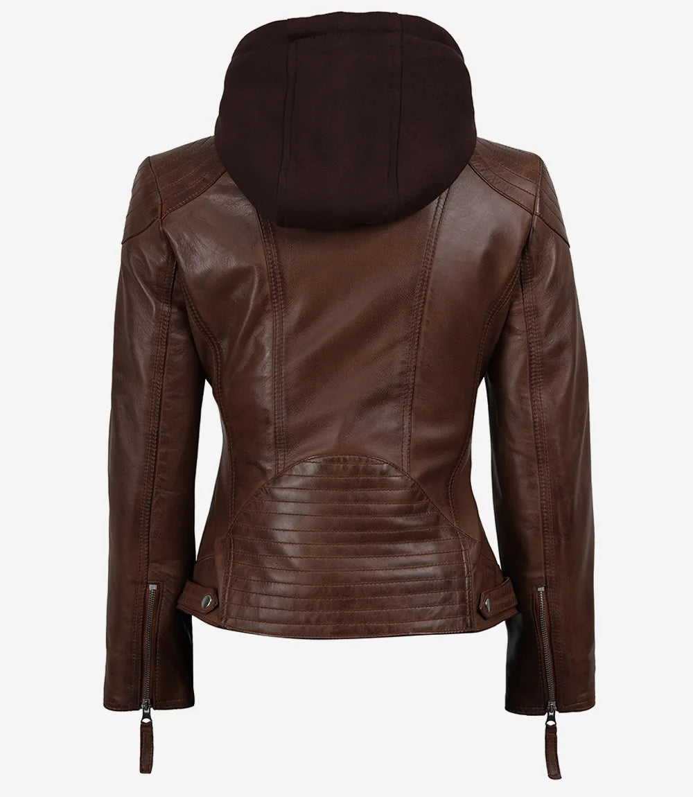Women’s Cognac Brown Lambskin Hooded Leather Jacket (2-in-1 Style)