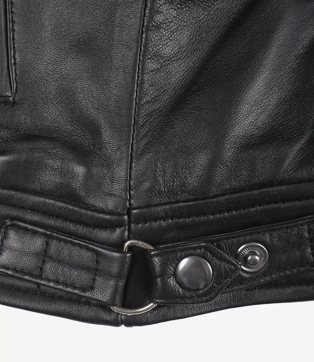 Womens Black Leather Biker Style Jacket - Quilted Shoulder