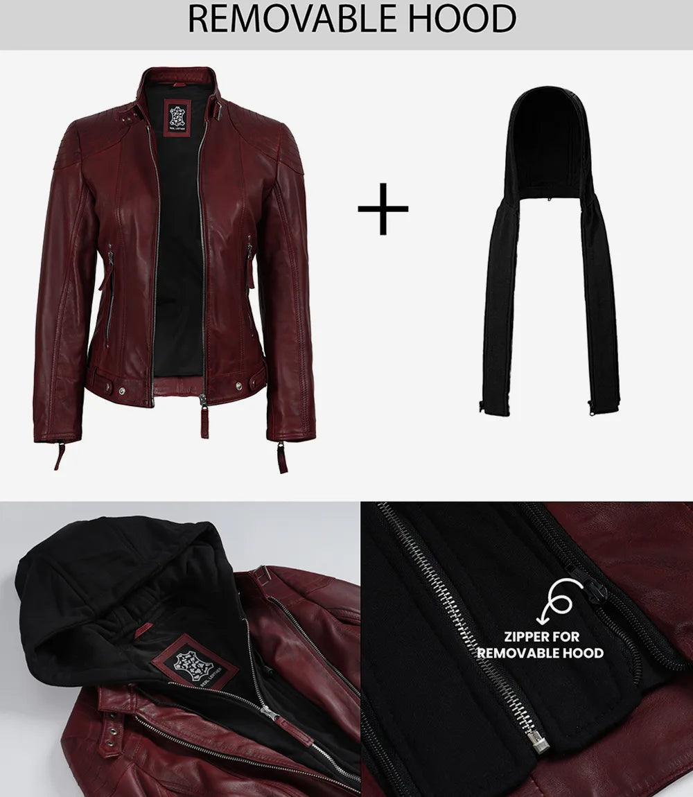 Women’s Maroon Waxed Real Leather Jacket with Removable Hood