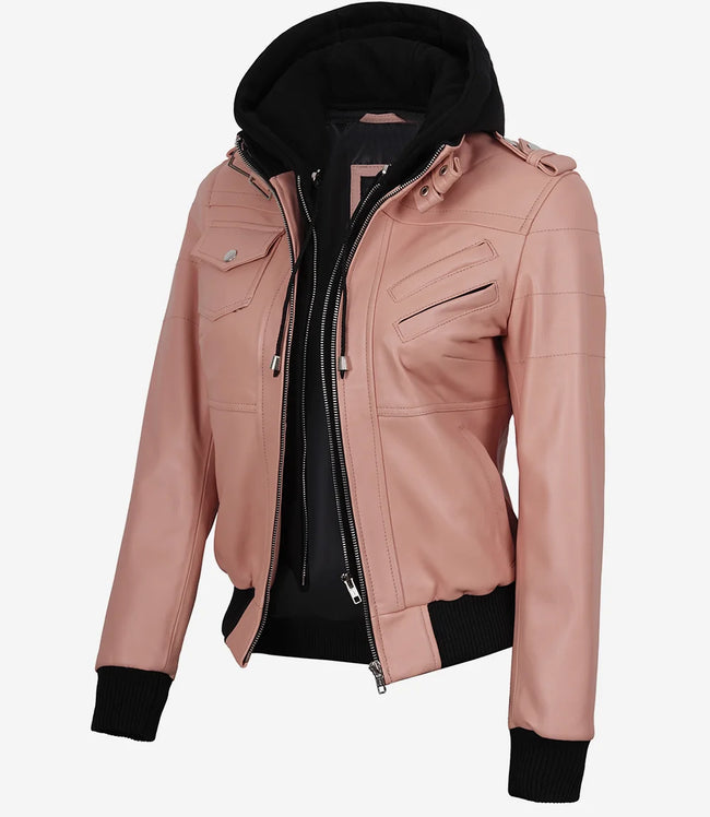 Blouson aviateur en cuir rose à capuche pour femme