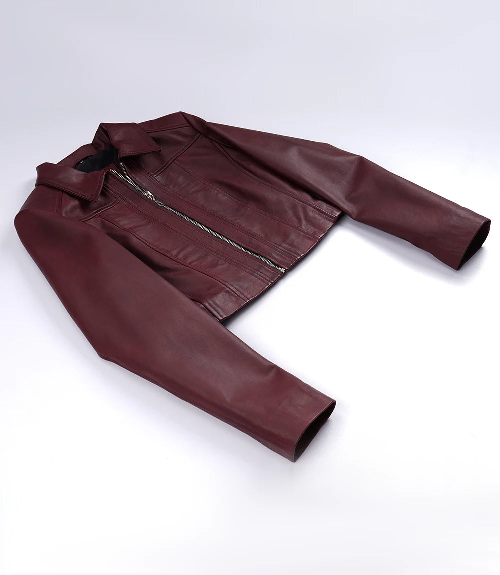 Women's Maroon Waxed Leather Cropped Jacket