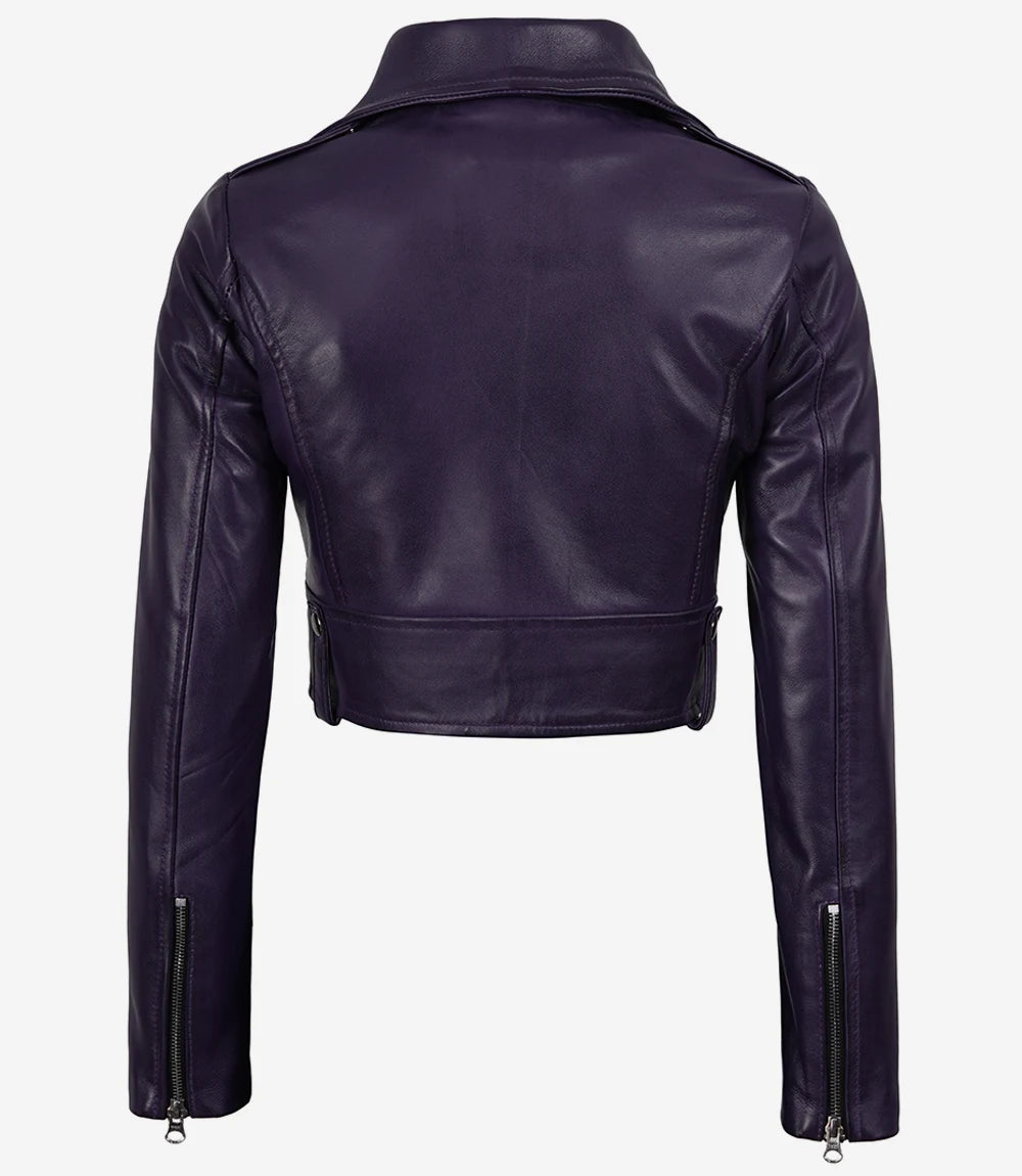 Women's Purple Lambskin Leather Cropped Biker Jacket – Asymmetric Zip