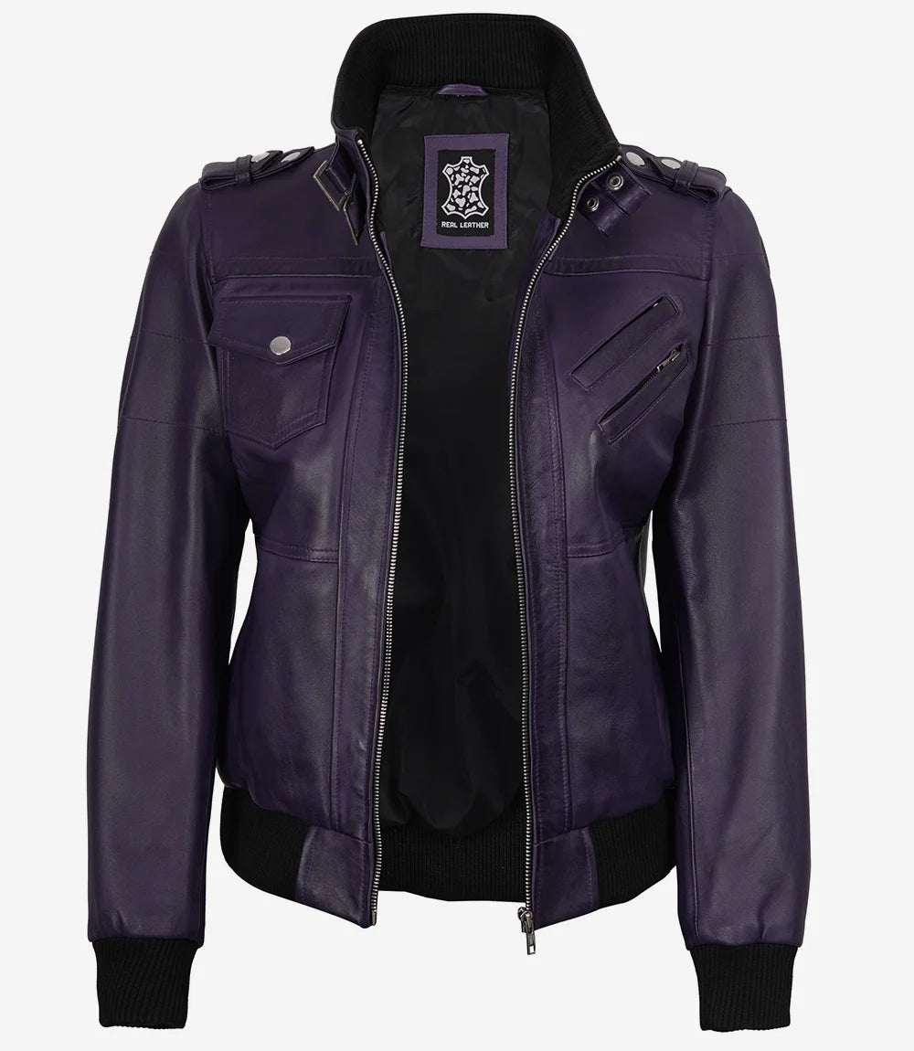 Blouson aviateur en cuir violet pour femme avec capuche amovible