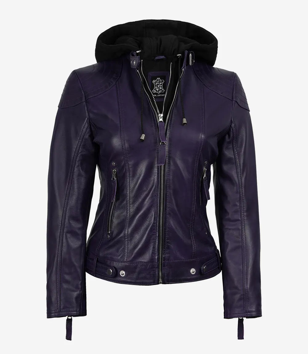 Women’s Purple Waxed Real Leather Jacket with Removable Hood
