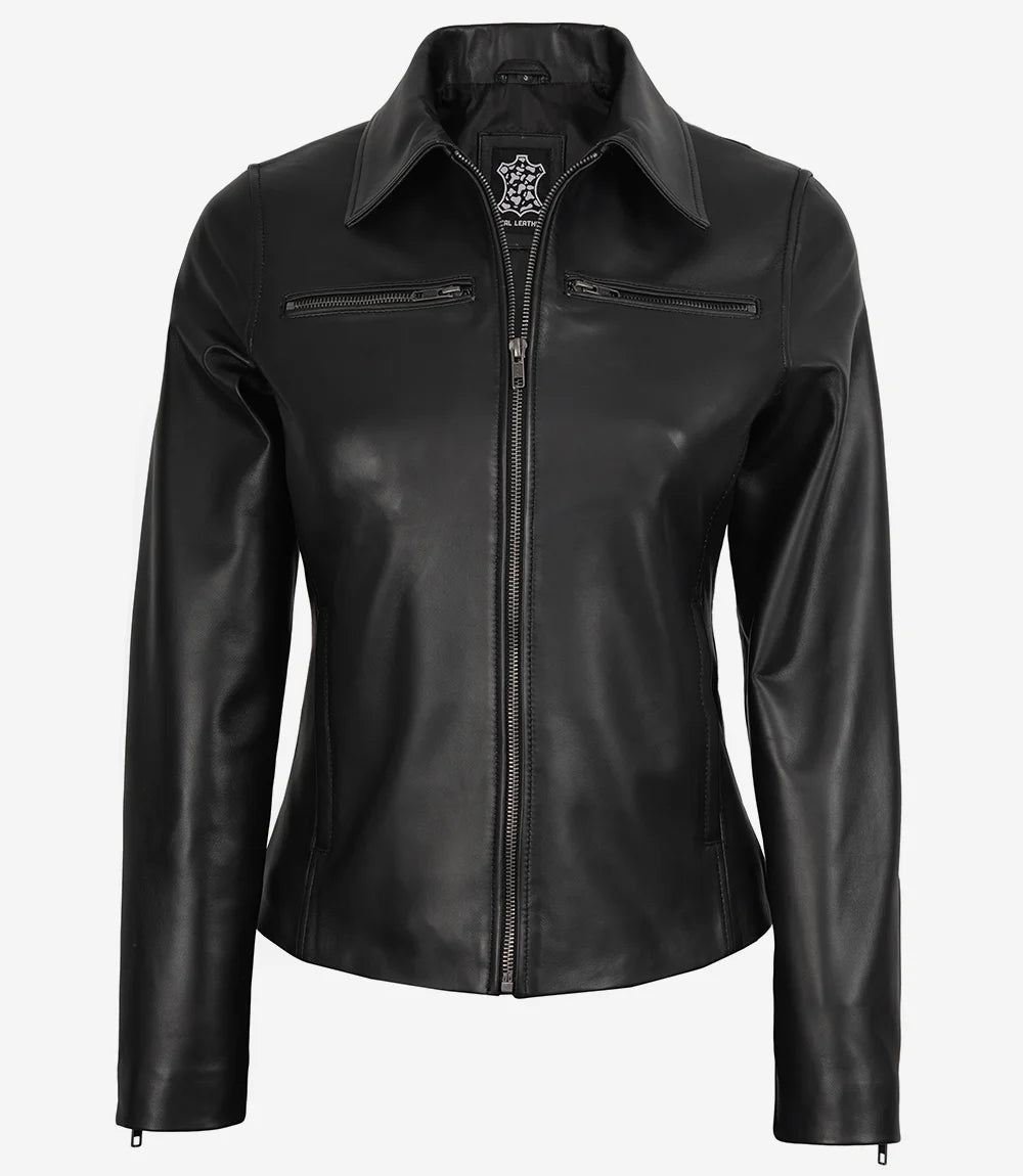 Womens Real Leather Black Harrington Jacket