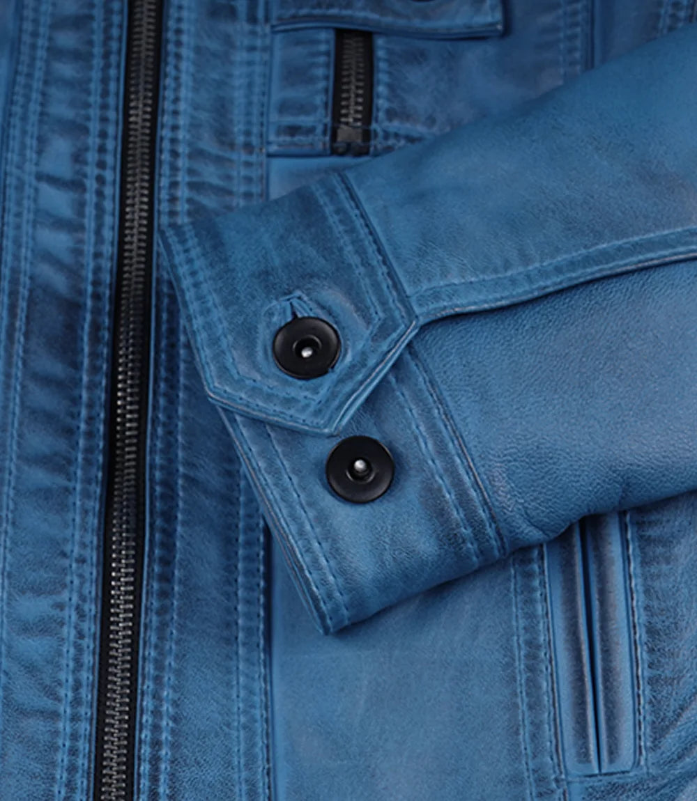 Veste style motard en cuir d'agneau ciré bleu pour femme