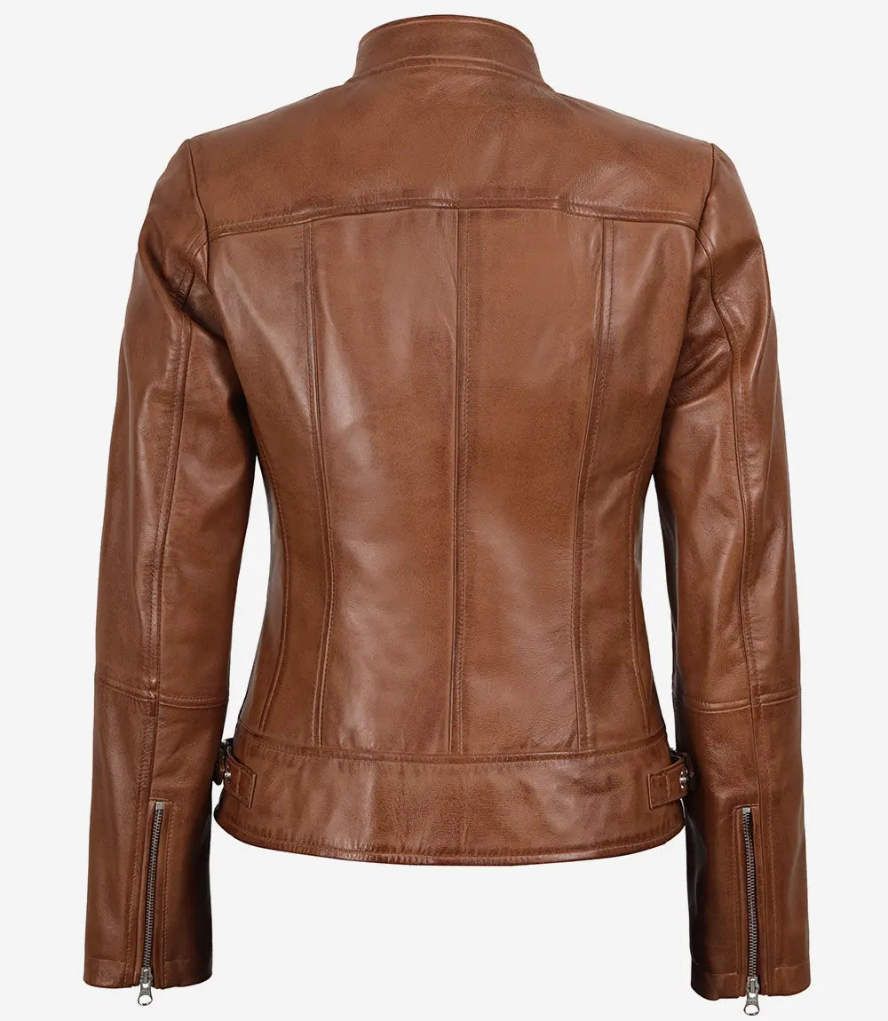 Veste en cuir ciré couleur tan, style motard slim fit pour femme